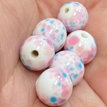 6 Vintage Japan White Pink Cherry Brand Round Glass Beads #8689