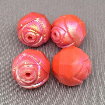 4 Vintage Carved Coral Rose German Glass Beads