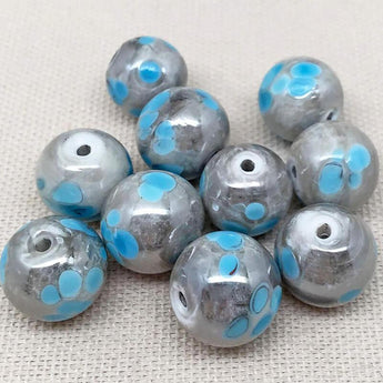 10 Vintage Mottled Gray Turquoise Round Glass Beads