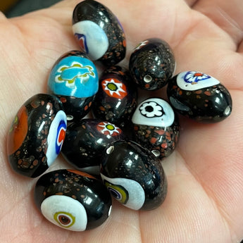 10 Vintage Handmade Black Millefiori Oval Glass Beads