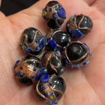 8 Vintage Black Blue Wedding Cake Oval Glass Beads