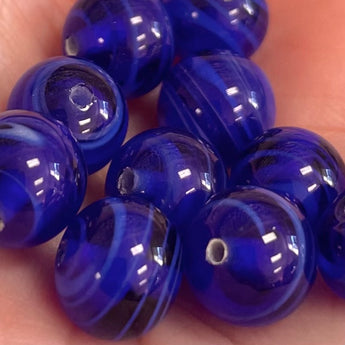 10 Vintage Striped Blue Japan Round Glass Beads #5037