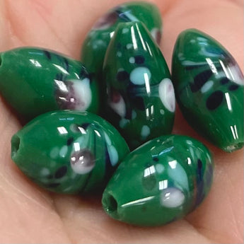 6 Vintage Green Millefiori Japan Oval Glass Beads