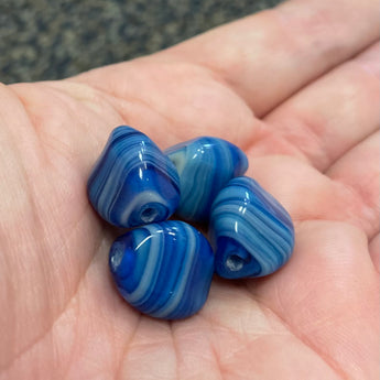 4 Vintage Striped Blue Baroque Glass Beads #8978