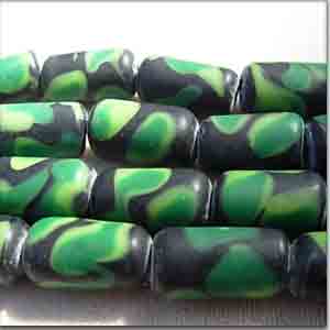 2 Vintage Italian Matte Black Green Tube Glass Beads #8700