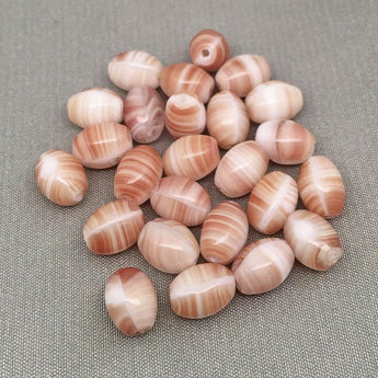 25 Vintage Orangish Red Striped Czech Oval Glass Beads