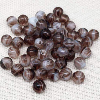 50 Vintage Brown Striped Czech Glass Beads Round