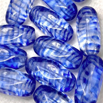 12 Vintage Blue Striped Oval Glass Beads #9402