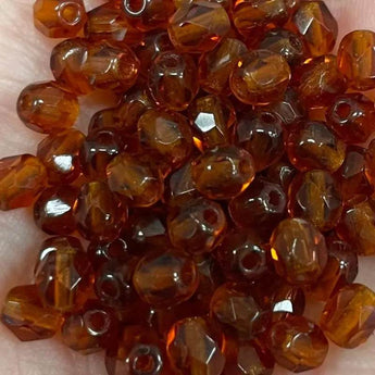 100 Amber Czech Fire Polished Glass Beads, 4mm size.