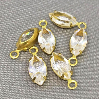 4 Vintage Clear Navette Swarovski Brass Charms