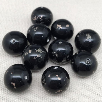 6 Vintage Black Metallic Round Lampwork Glass Beads