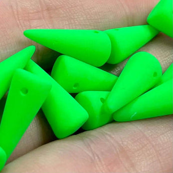 12 green neon Czech matte spike glass beads, 17x7mm.