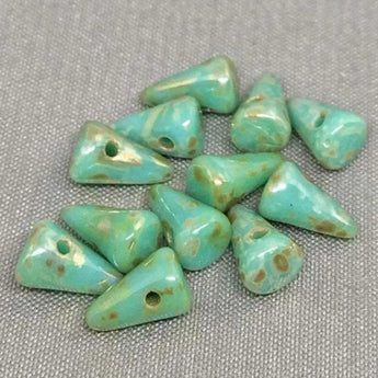 12 Opalescent Turquoise Picasso Czech Spike Glass Beads 7x5mm