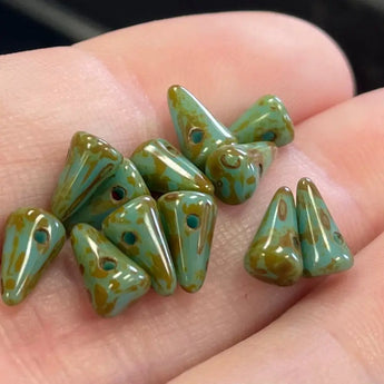 12 Turquoise Green Picasso Czech Spike Glass Beads 7x5mm