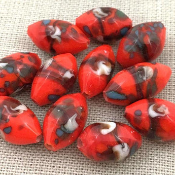 6 Vintage Handmade Orange Red Japan Oval Glass Beads