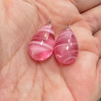 2 Vintage Striped Pink Japan Drop Glass Pendants #9174