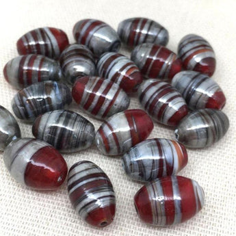 10 Vintage Red Silver Striped Oval Glass Beads