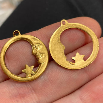 4 Vintage Celestial Moon Star Brass Pendants