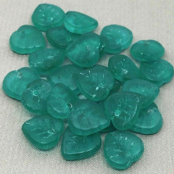 25 Vintage Frosted Emerald Green Czech Leaf Glass Beads