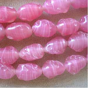 4 Vintage Baroque Striped Pink Japan Oval Glass Beads #8467