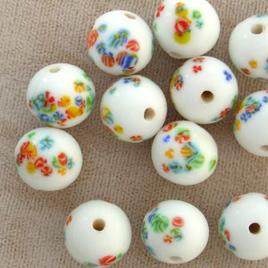 6 Vintage Japan White Floral Millefiori Round Glass Beads #4888