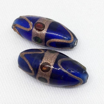 2 Vintage Handmade Large Cobalt Blue Oval Glass Beads