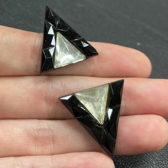 2 Vintage Black Clear Deco Triangular Glass Cabochons #8764