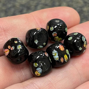 10 Vintage Japan Black Floral Millefiori Cube Glass Beads #8449