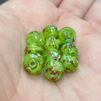 10 Vintage Striped Green Millefiori Japan Round Glass Beads #9376