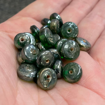 25 Vintage Green Luster Rondelle Glass Beads #2683