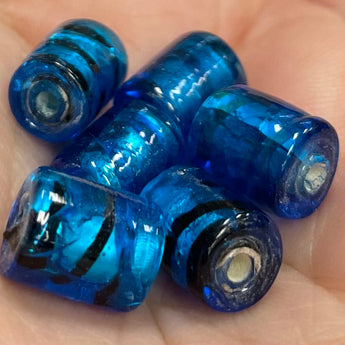 6 Vintage Electric Capri Blue Foil Tube Glass Beads #4010