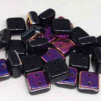 25 Black Purple Two Hole Czech Chexx Square Glass Beads