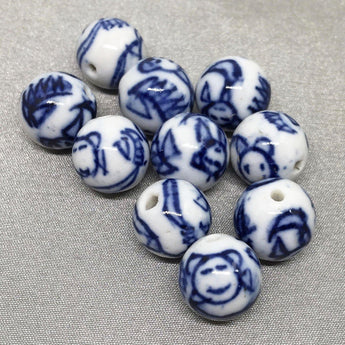 10 Vintage White Blue Porcelain Round Beads