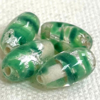 4 Vintage Green Silver Foil Italian Oval Glass Beads