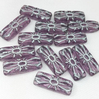 10 Vintage Light Amethyst Czech Carved Rectangle Glass Beads