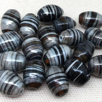 10 Vintage Black Silver Topaz Striped Oval Glass Beads