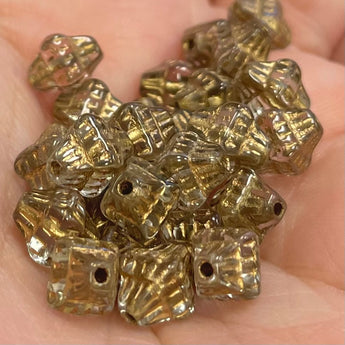 50 Vintage Etched Gold Black Diamond Rhombus Bicone Czech Glass Beads