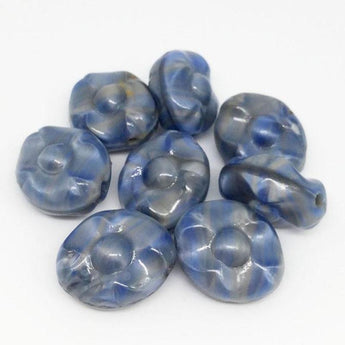 6 Vintage Striped Gray Blue Givre German Pressed Oval Glass Beads