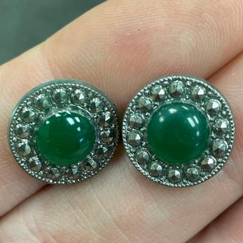 2 Vintage Jadeite Green Silver Glass Cabochons #8606