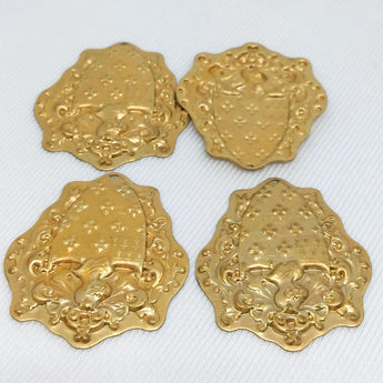 4 Vintage Brass Shield Metal Stamping Pendants