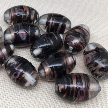 10 Vintage Handmade Clear Black Oval Glass Beads