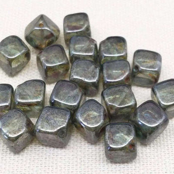 25 translucent green Czech Picasso cube glass beads, 8mm, diamond-drilled.