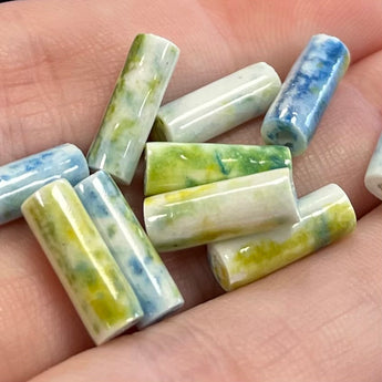 24 Vintage Blue Green Marbled Japan Porcelain Tube Beads