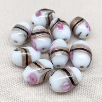 10 Vintage White Oval Glass Beads