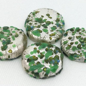 4 Vintage Mottled Green Silver Foil Japan Glass Beads