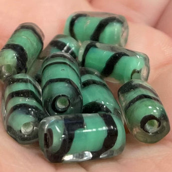 12 Green Tiger Striped Glass Beads