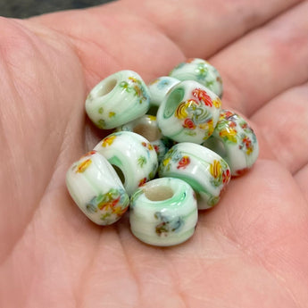 10 Vintage White Green Floral Japan Roller Glass Beads