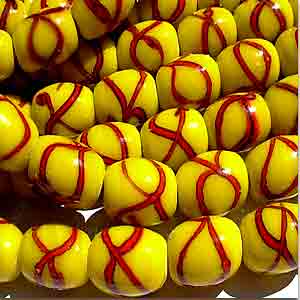 6 Vintage Japan Striped Yellow Barrel Glass Beads #9212