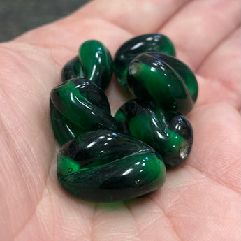 6 Vintage Emerald Twist Oval Glass Beads #8793