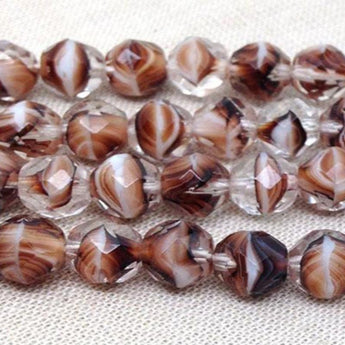 25 Brown Striped Czech Faceted Glass Beads